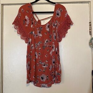 Maurices Red Floral Blouse with Lace Sleeves